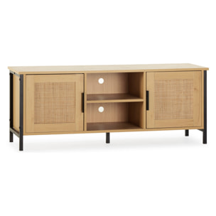 Mueble TV Cruz 2 Puertas Color Roble con ratán Natural, 120 cm