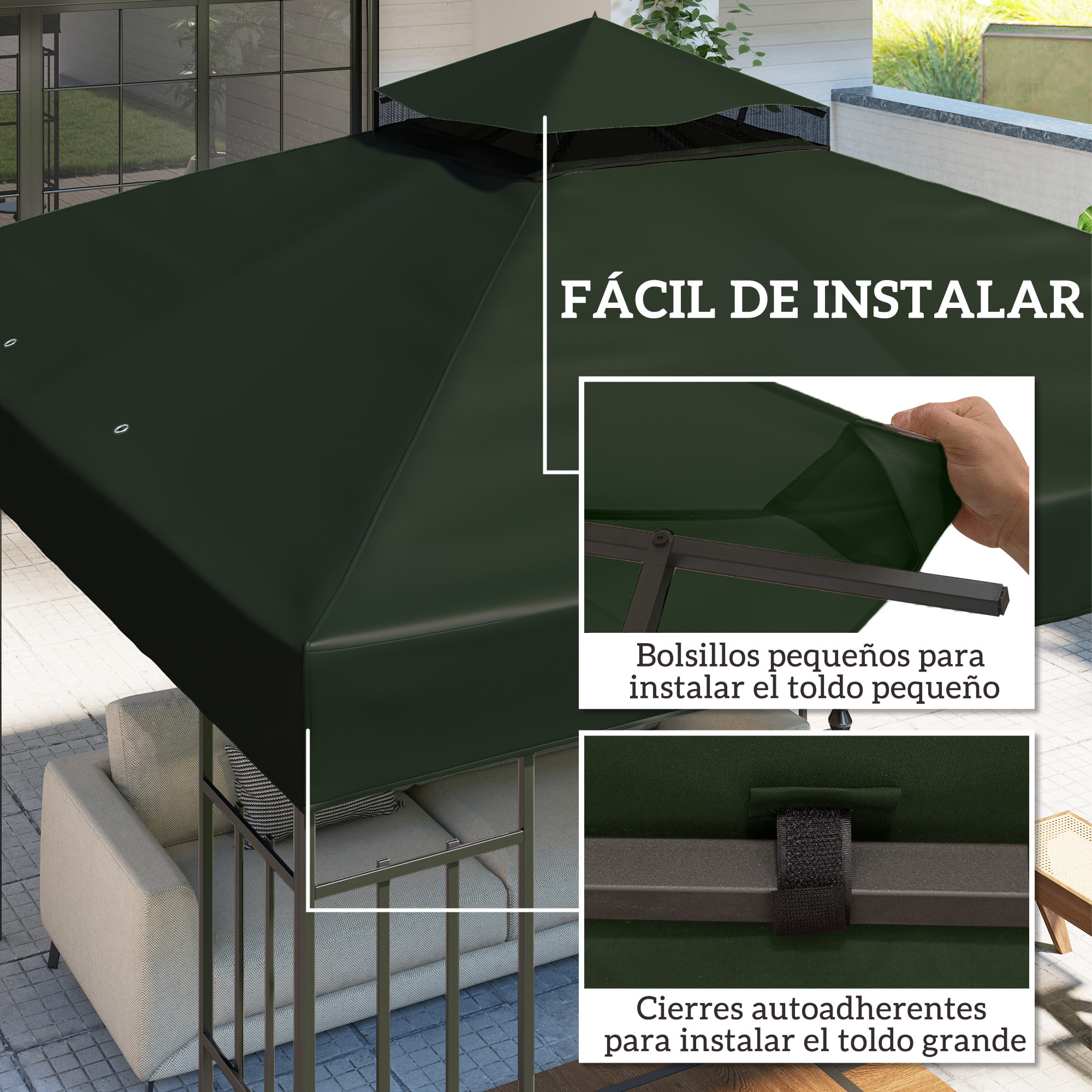 Techo de Repuesto para Cenador 3x3 m Cubierta de Repuesto 370g/ãŽ¡ con Techo Doble con Mosquitera Protección UV 30+ Toldo de Recambio para Pabellón Gazebo Verde