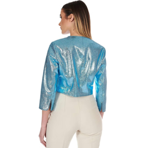 Giacca corta bolero in pelle laminata azzurra girocollo