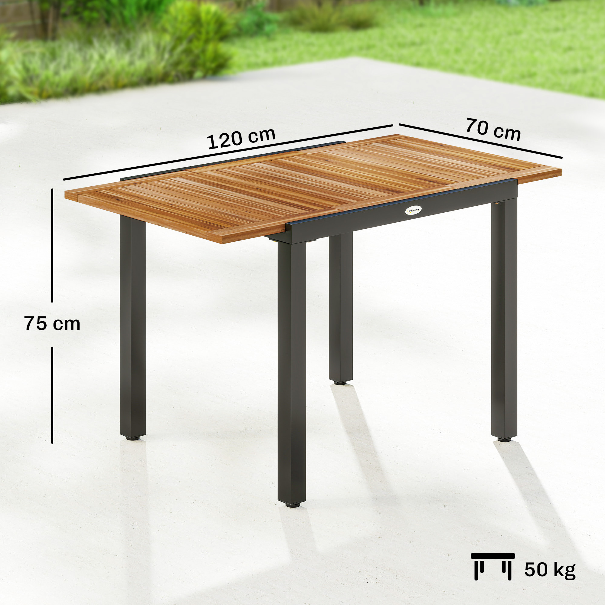 Mesa de Jardín Extensible 120/80x70 cm, Mesa de Comedor Exterior Extensible Rectangular con Estructura de Acero y Tablero de Madera de Acacia, para 4-6 Personas, para Patio, Terraza, Natural