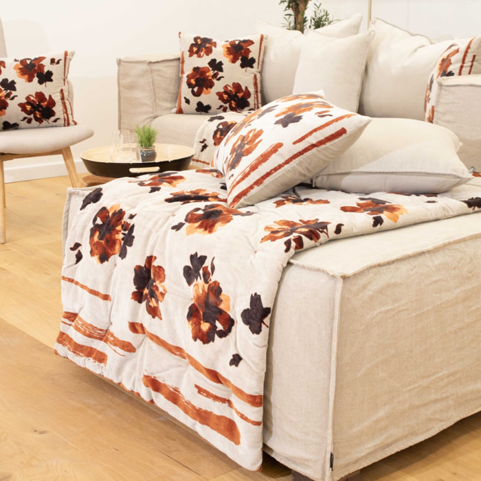 Coussin floral en velours - Naturel