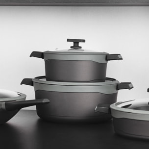 Juego de 2 Cacerolas Ø24cm(4,7L)Ø28cm(7,2L) + Cazo Ø16cm(1,3L) + 3 Sartenes Ø20Ø24Ø28cm en Aluminio fundido con tapas GASTRO REECO MasterPRO