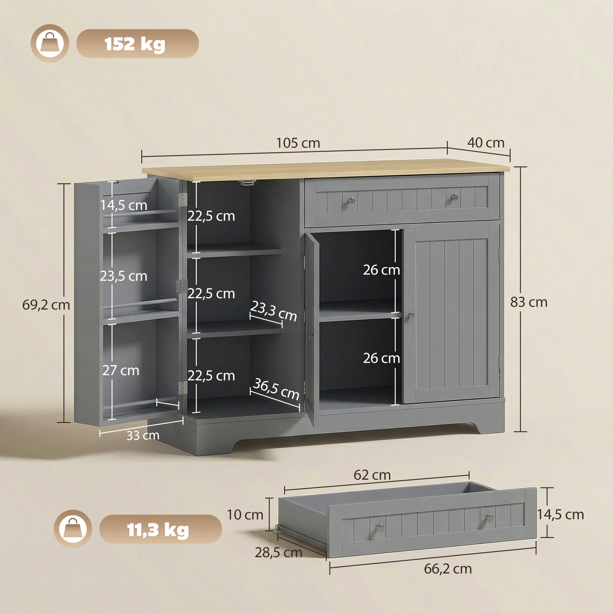 Aparador de Cocina, Armario de Cocina con 3 Estantes de Puerta, 1 Cajón, Estantes Ajustables, Aparador para Comedor, 105x40x83 cm, Gris