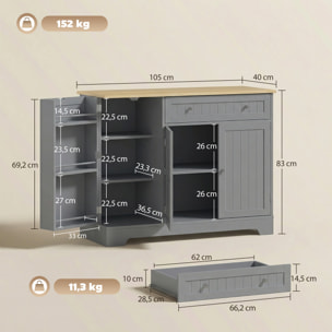 Aparador de Cocina, Armario de Cocina con 3 Estantes de Puerta, 1 Cajón, Estantes Ajustables, Aparador para Comedor, 105x40x83 cm, Gris