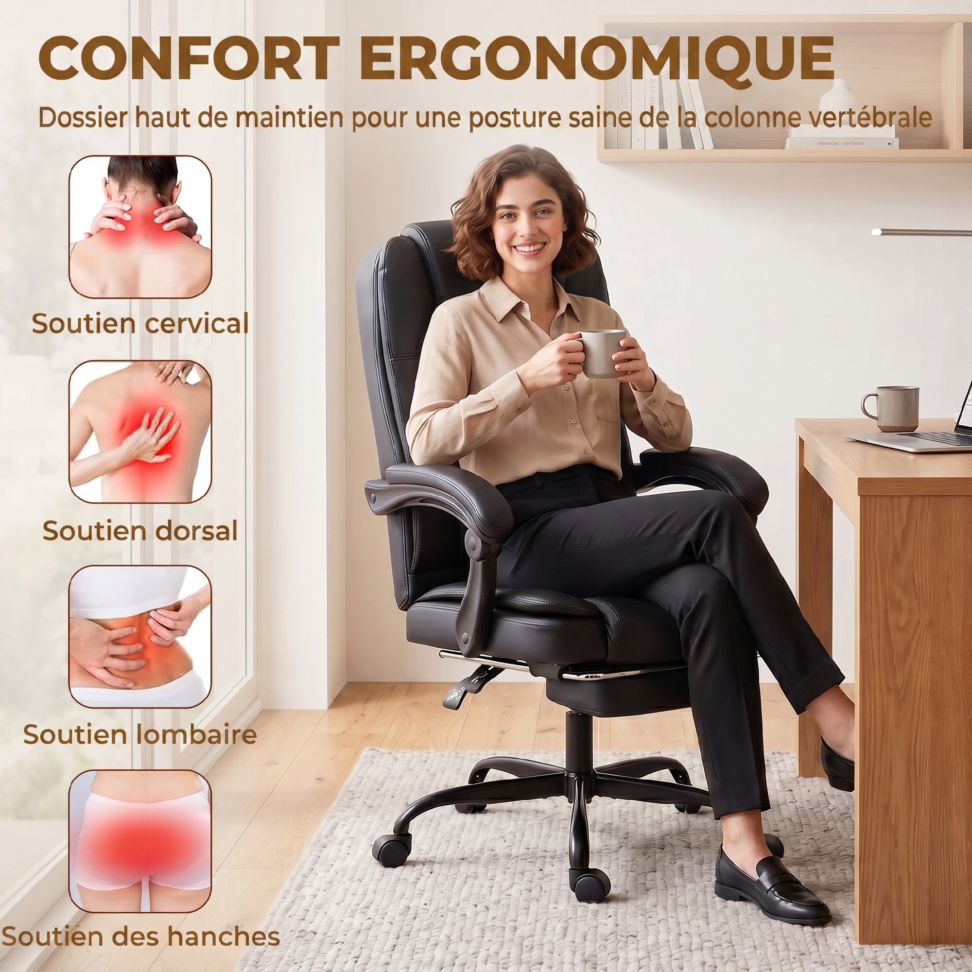 Fauteuil bureau manager inclinable repose-pieds rétractable noir