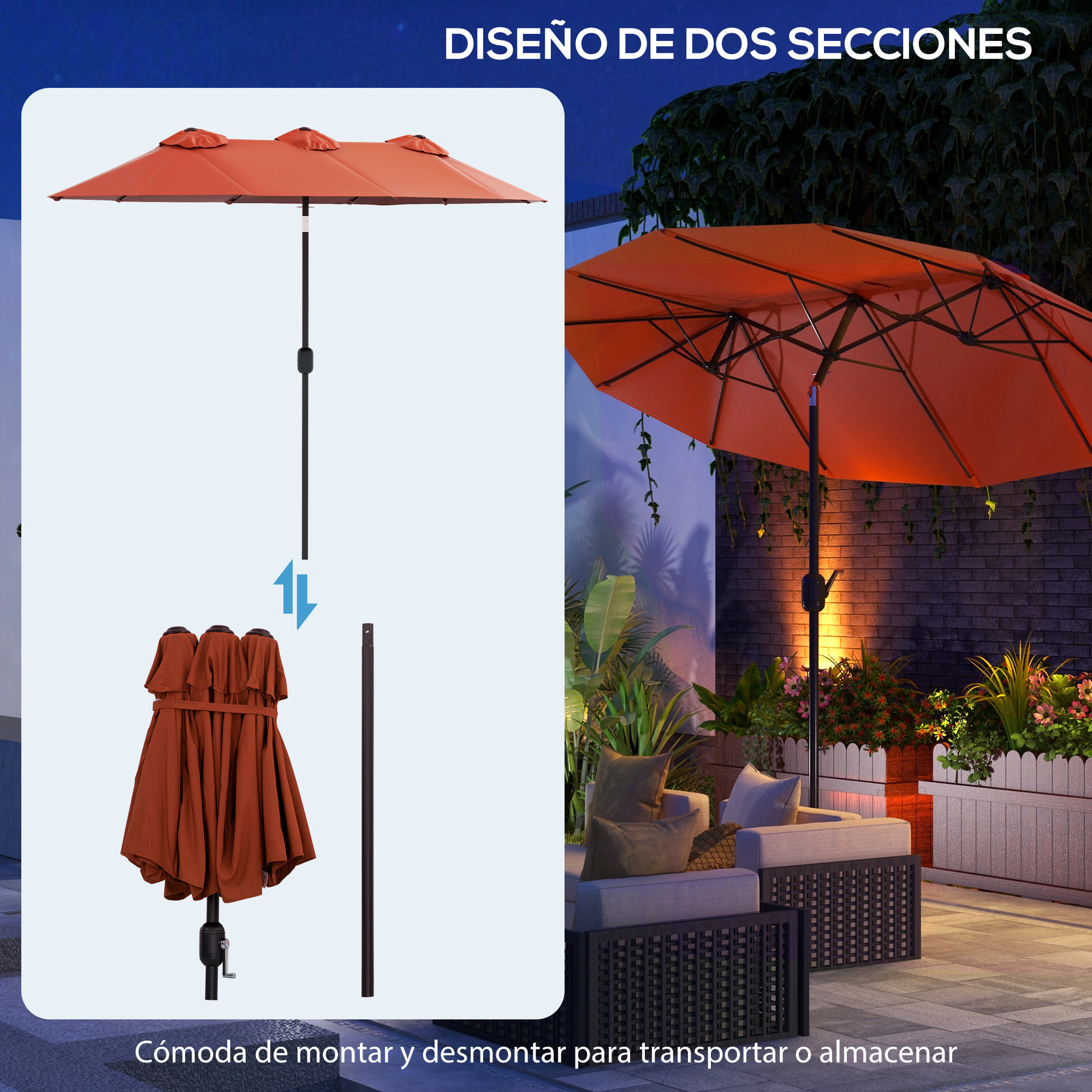 Sombrilla Doble 2,95x1,52 m, Sombrilla Terraza Exterior con Inclinación 45°, Manivela Manual, Orificios de Ventilación, Impermeable, Parasol para Jardín, Terraza, Patio y Piscina, Rojo Vino