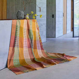 Nappe pur coton enduit motif jacquard vert orange Mille halos prunus