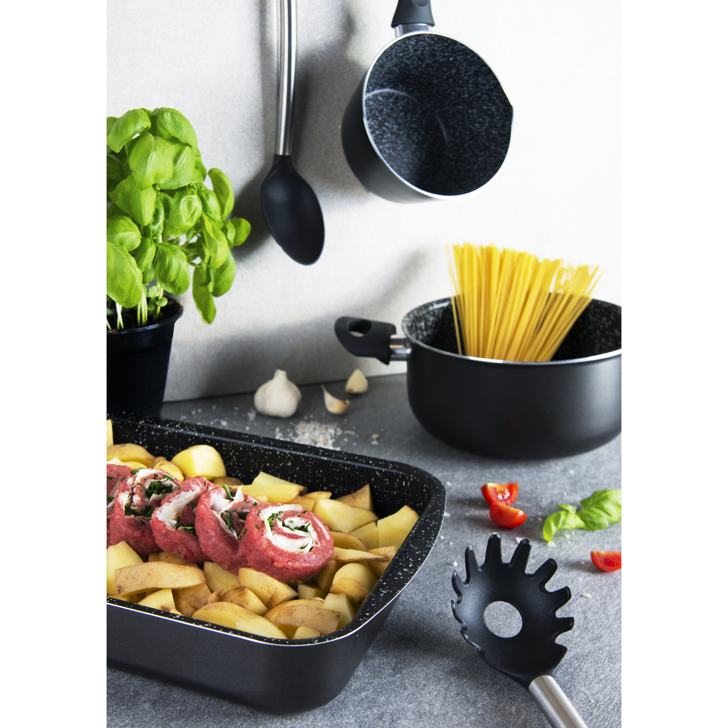 Set 7 pentole multifunzione Excelsa Rock'n Cook, alluminio, rivestimento antiaderente, nero effetto marmo