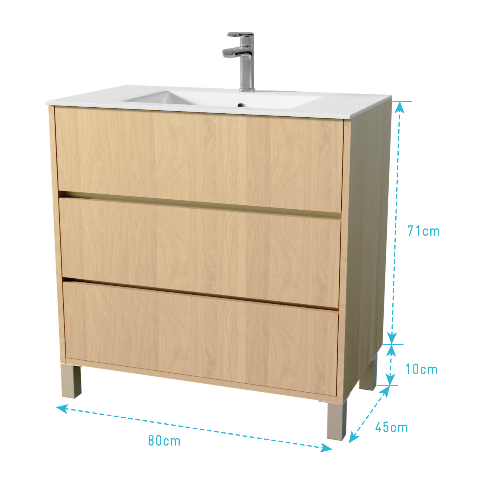 Pack Meuble Salle de Bains 80 cm Chêne Clair, 3 tiroirs avec Vasque Céramique - XENOS