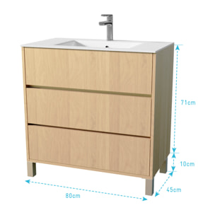 Pack Meuble Salle de Bains 80 cm Chêne Clair, 3 tiroirs avec Vasque Céramique - XENOS