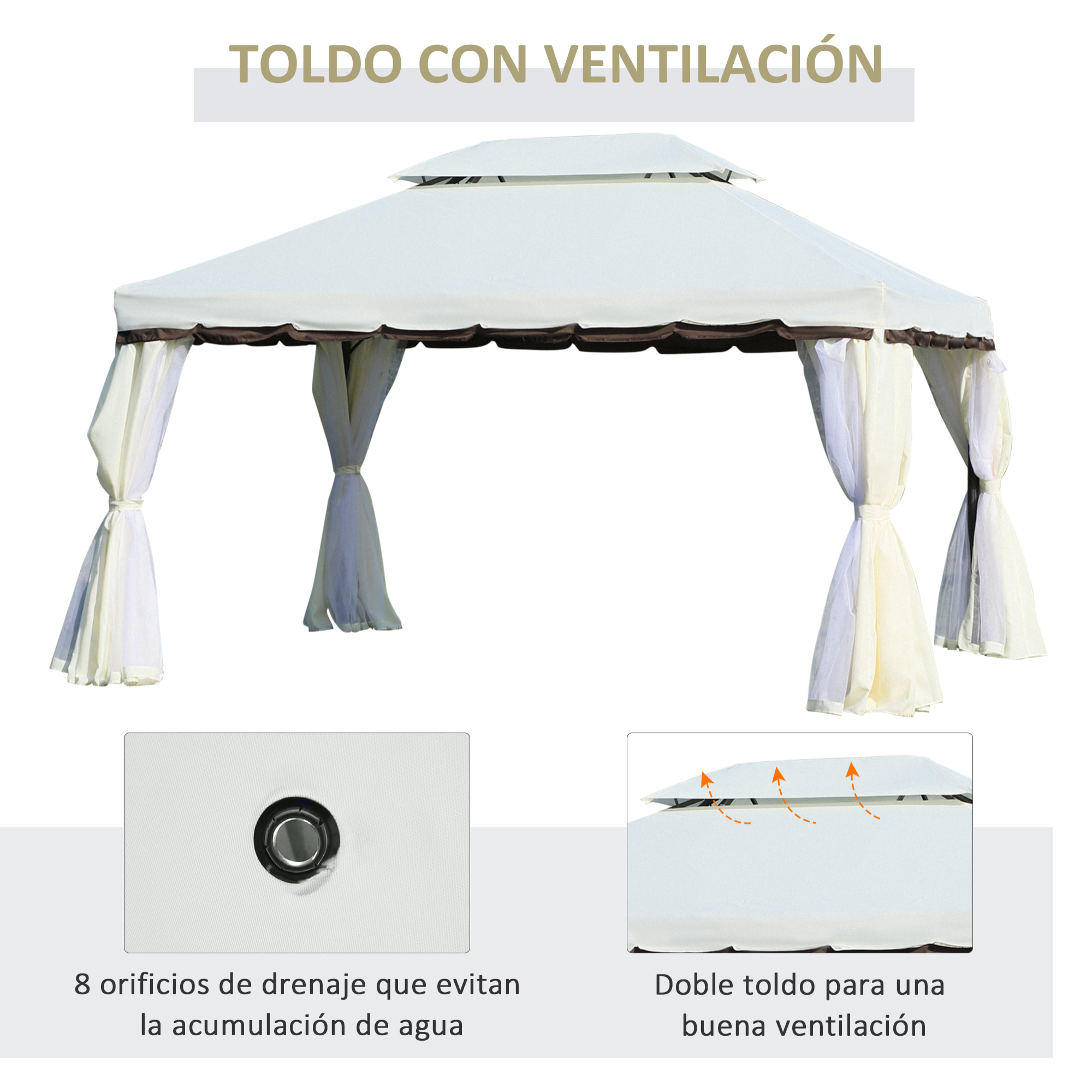 de Jardín 4x3 m, Pabellón de Jardín Gazebo con Doble Techo, 4 Cortinas y Mosquitera, Marco de Aluminio, Orificios de Drenaje, UPF50+, Carpa para Exterior, Terraza, Patio, Blanco Crema