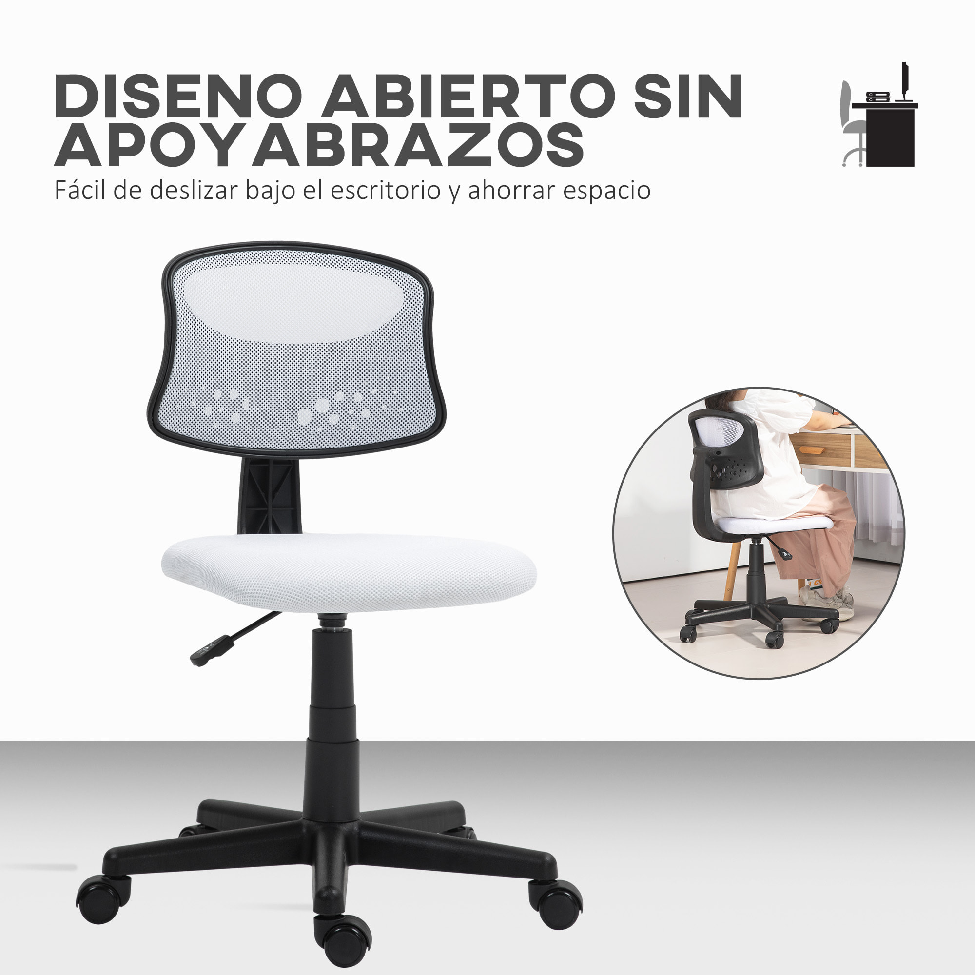 Silla de Oficina sin Brazos Silla de Escritorio Giratoria con Respaldo de Malla Transpirable Altura Ajustable Silla de Despacho Carga 120 kg Blanco