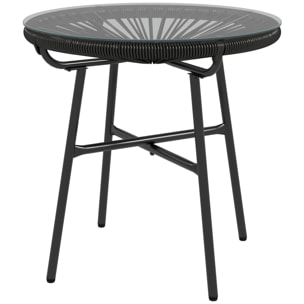 Table basse ronde de jardin en résine aspect rotin métal et plateau verre trempé Ø 50 x 50H cm noir