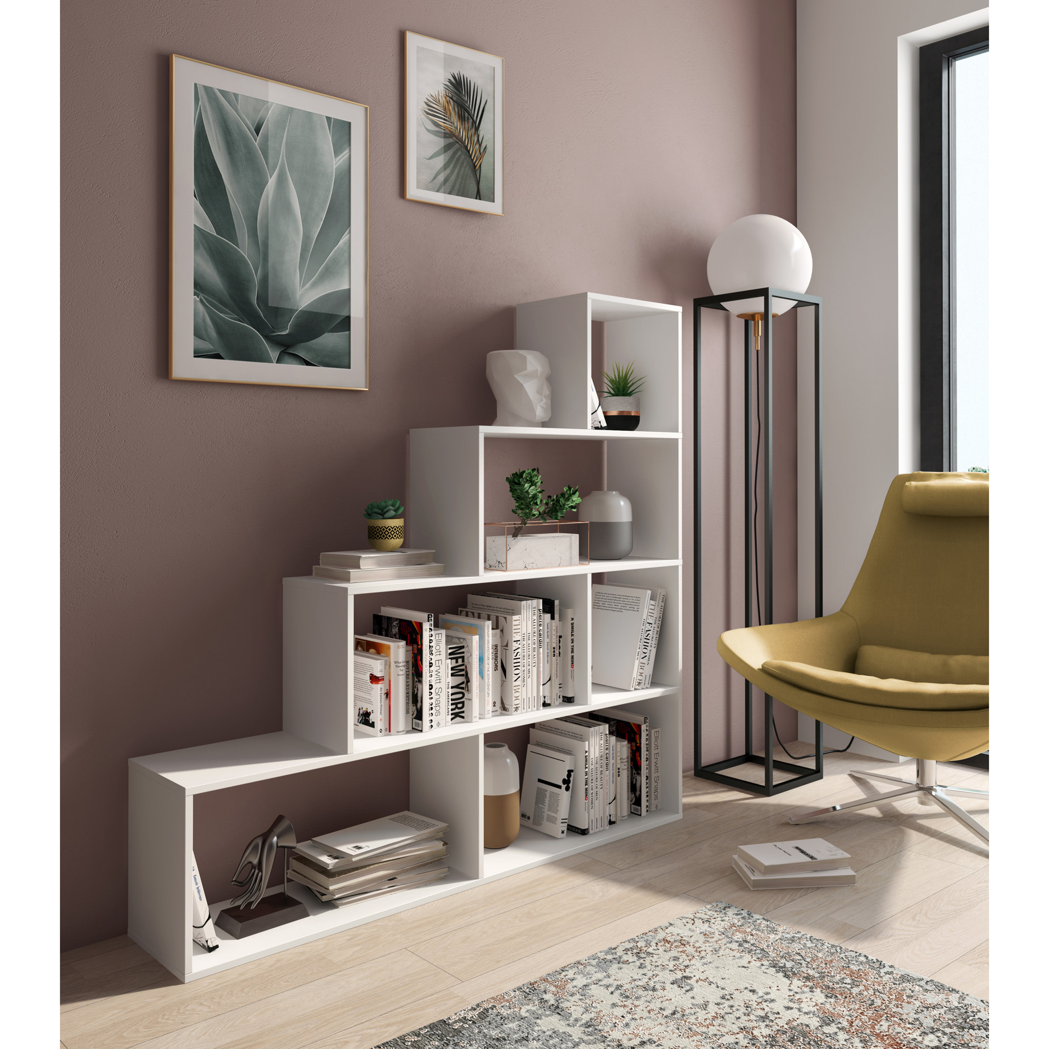 Libreria Design Zig Zag Scaffale Mensola Moderna 6 Vani A Giorni Ripiani Mobile Libri per Soggiorno Salotto Camera Studio 143x144.9x27.9 Cm Bianco