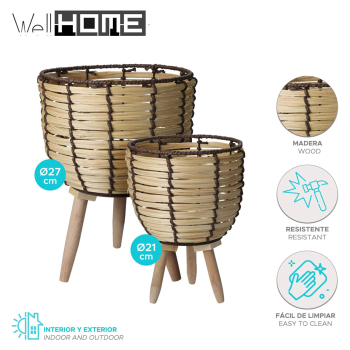 Well home juego de 2 cestas maceteros de madera con patas ø21ø27cm