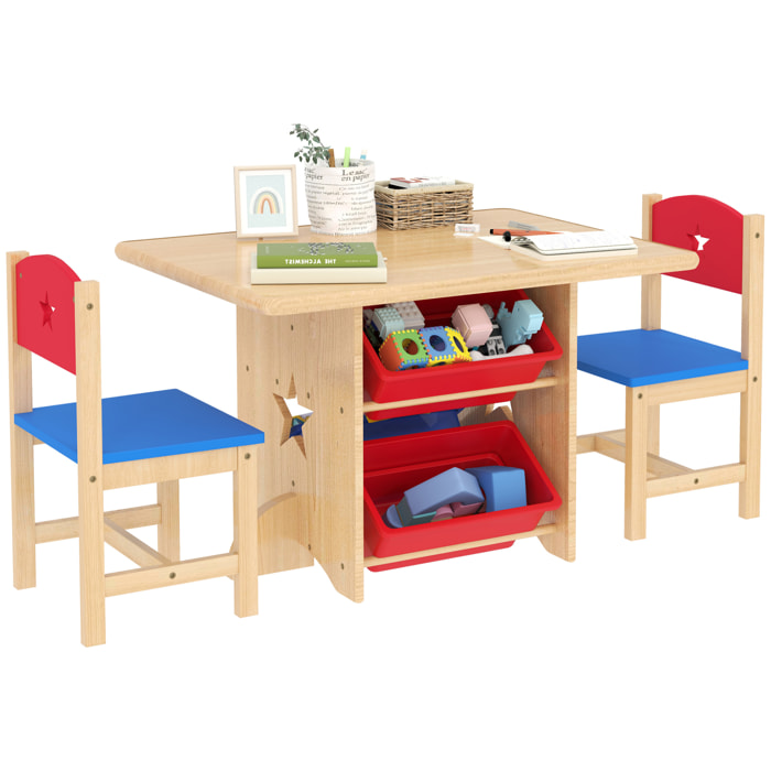 Mesa y Sillas Infantiles de 3 Piezas Mesa Infantil con 2 Sillas y 4 Cestas de Almacenamiento Juego de Muebles para Actividades para Niños de +3 Años para Sala de Juegos Natural