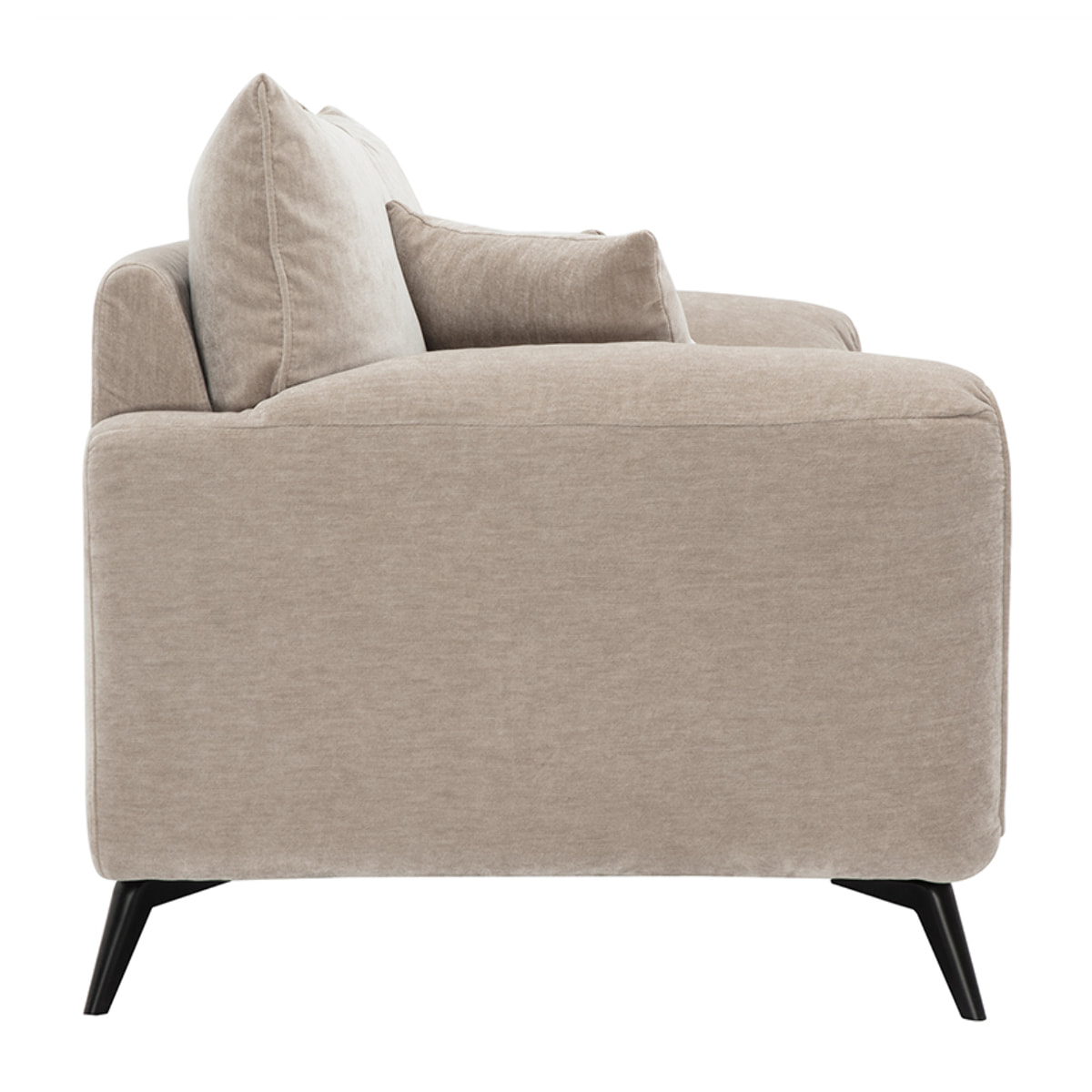 Canapé design 3 places en tissu effet velours taupe et métal noir TANTOR