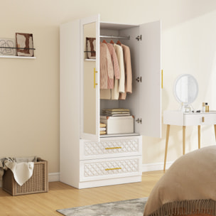 Armario Dormitorio 2 Puertas y 2 Cajones, Armario Ropero con Espejo, Relieve de Diamante, Barra para Colgar, Estilo Moderno, 80x50x180 cm, Blanco