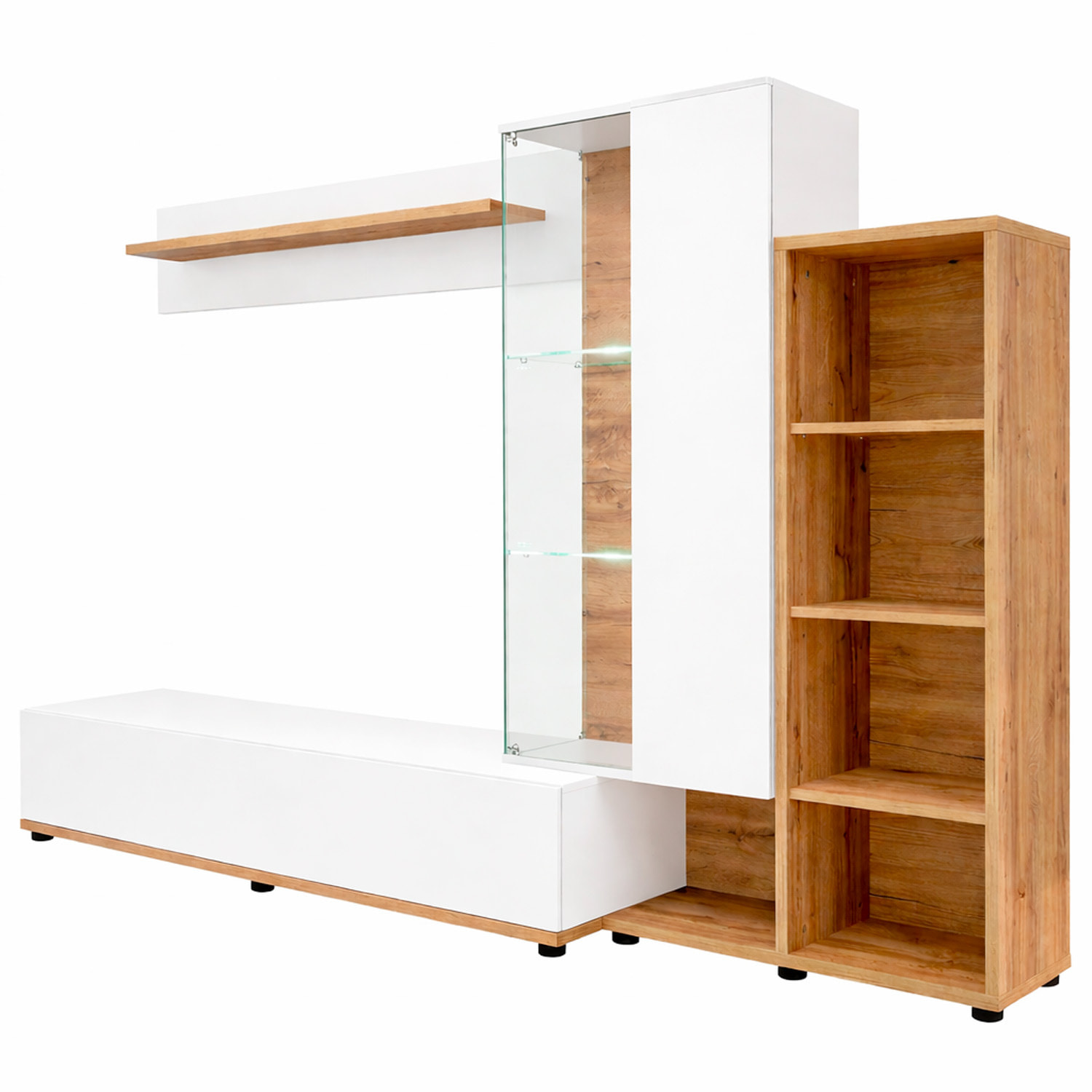 Parete Attrezzata Mobile TV Vetrina LED Living Mensola Vani Multifunzione Design Contemporaneo Arredo Casa 240 x 40 x 145 Cm Bianco Rovere E Scuro