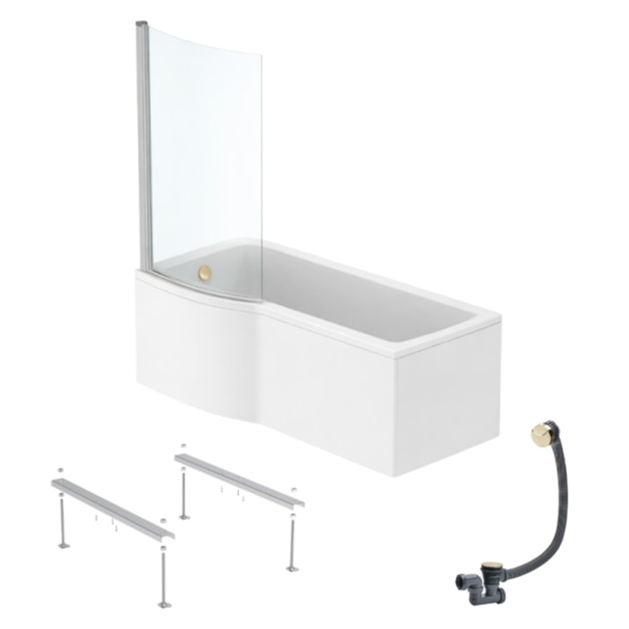 Pack baignoire bain douche 170 x 80 cm gauche Connect Air + tablier + pare bain fixe  + pieds + vidage Doré