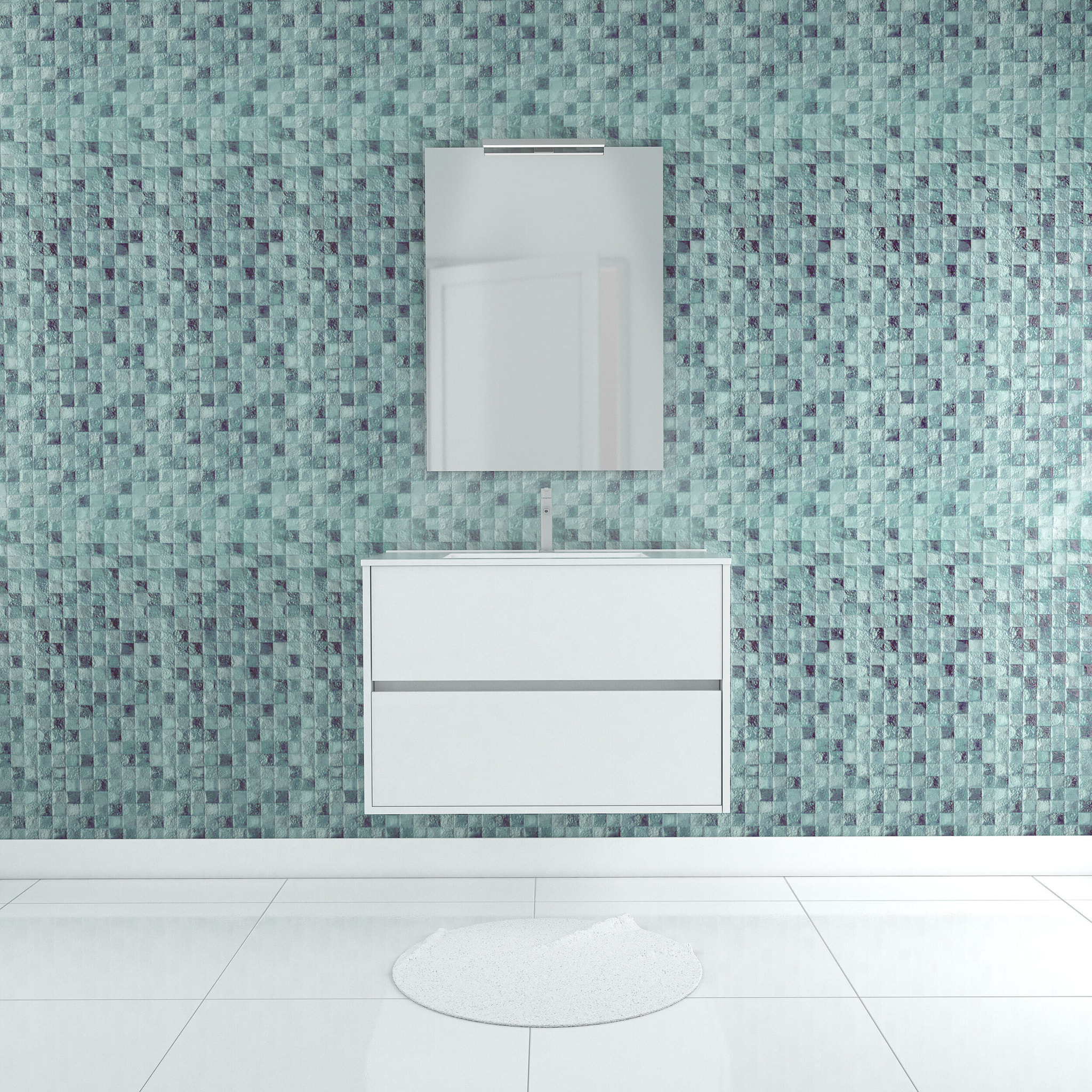 Pack Meuble Salle de Bains 80cm Blanc 2 Tiroirs, Vasque, Miroir 60x80 et réglette Led - XENOS