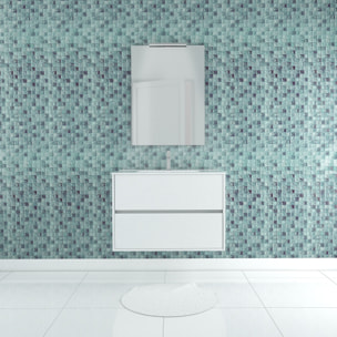 Pack Meuble Salle de Bains 80cm Blanc 2 Tiroirs, Vasque, Miroir 60x80 et réglette Led - XENOS