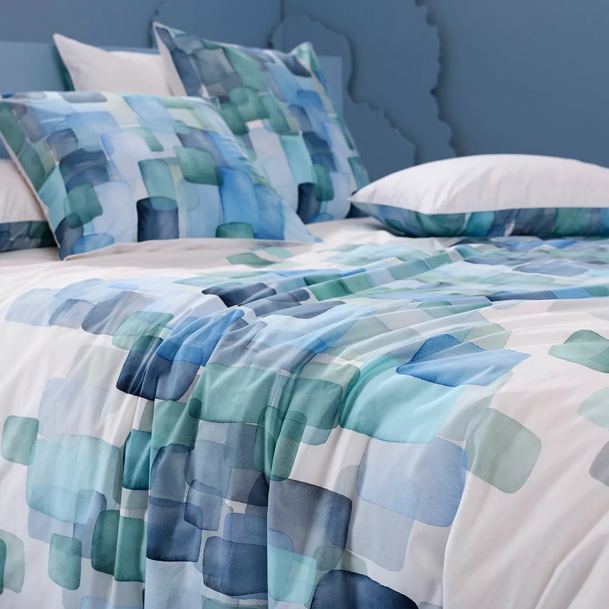Lot h.couette +taies percale de coton 115 g/m² imprimé bleu vert Ondine mineral
