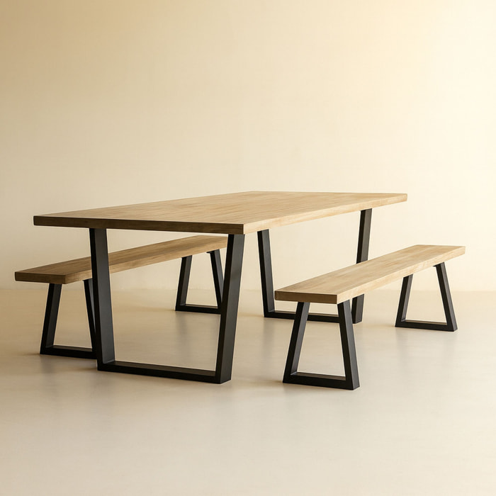 Ensemble table et banc en bois d'acacia et pieds métal noir HERA