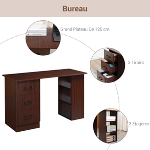 Bureau informatique 3 tiroirs coulissants 3 étagères grand plateau 120 x 49 x 72 cm effet bois noyer
