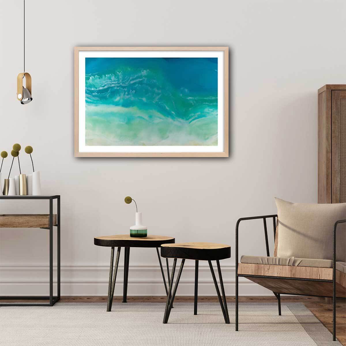 Poster bleu fluide Affiche + cadre en bois - Chêne