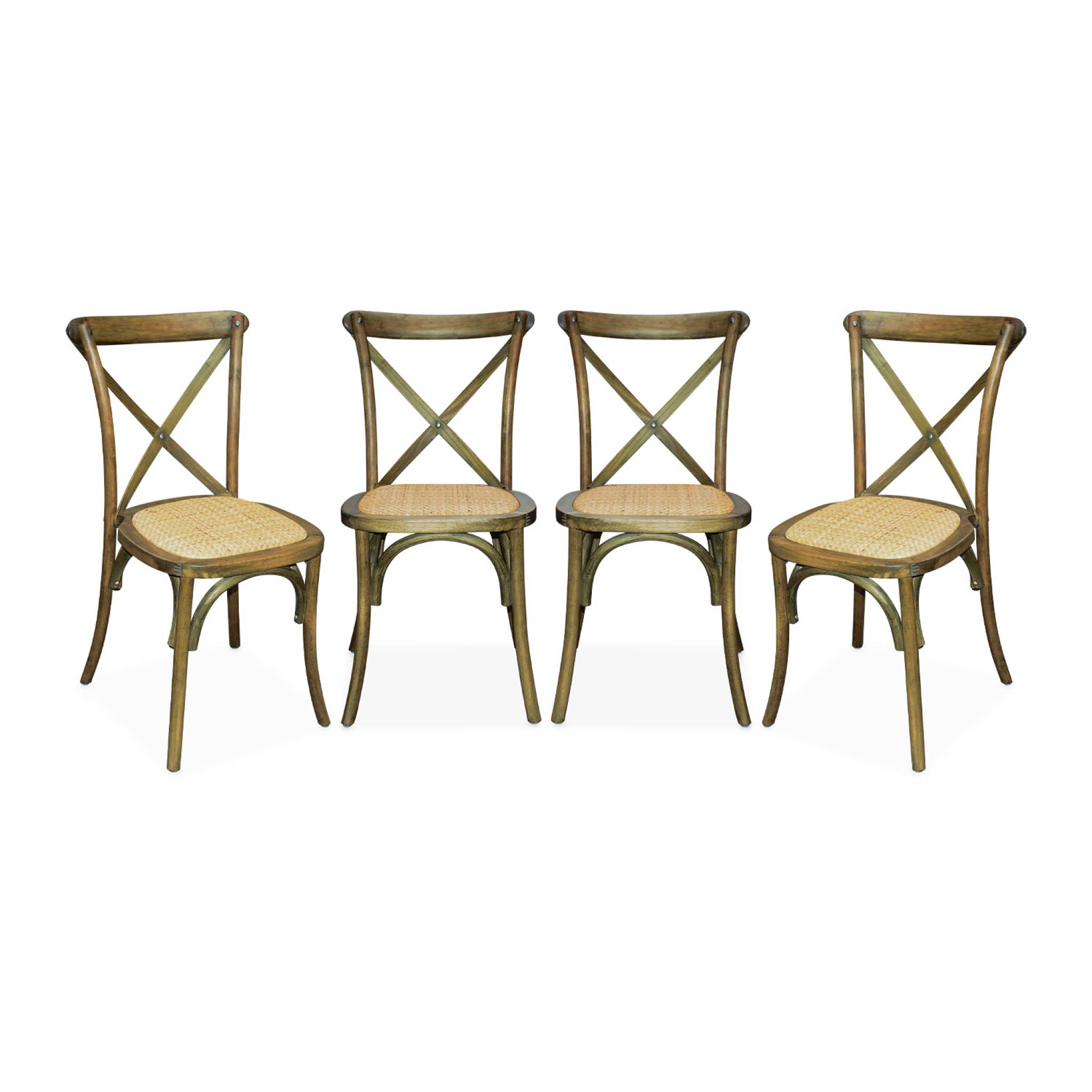 Lot de 4 chaises de bistrot en bois d'hévéa marron vieilli. vintage. assise en rotin. empilables