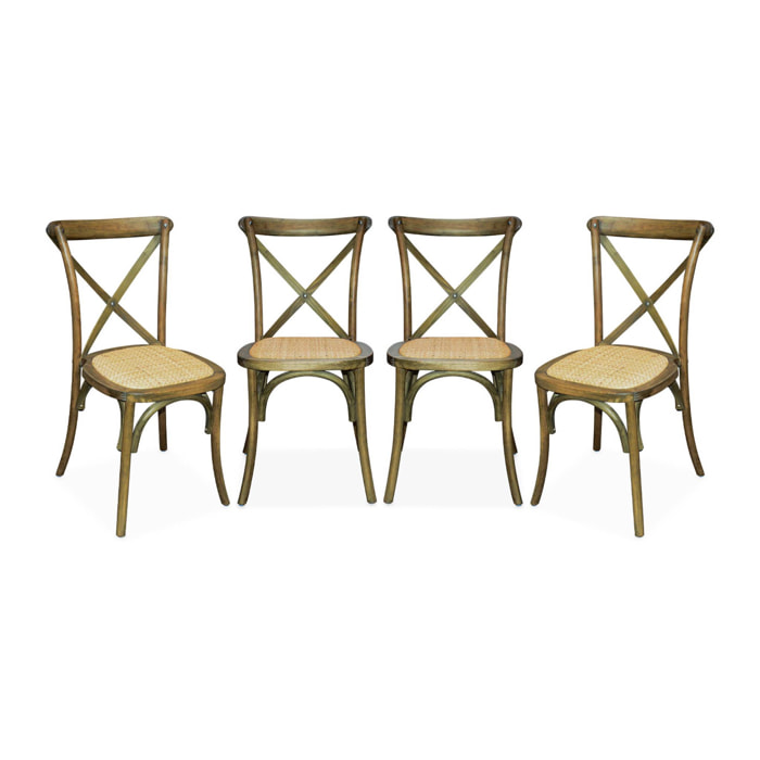 Lot de 4 chaises de bistrot en bois d'hévéa marron vieilli. vintage. assise en rotin. empilables