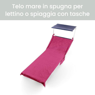 INTRECCI Telo Mare in Spugna, Asciugamano da Spiaggia Grande, 75x190 cm, Telo Mare Lettino con Tasche Portaoggetti e Bottoni, 100% Cotone, Morbido, Assorbente, Asciuga Rapidamente, Colore: Fucsia