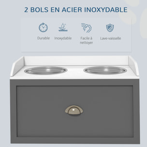 Gamelle double chien chat - porte-gamelles surélevé rangement 2 en 1 - tiroir, 2 gamelles - acier inox. MDF gris blanc