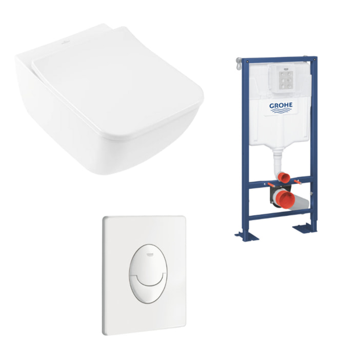 Pack WC suspendu sans bride Venticello + abattant + plaque blanche + bâti Grohe