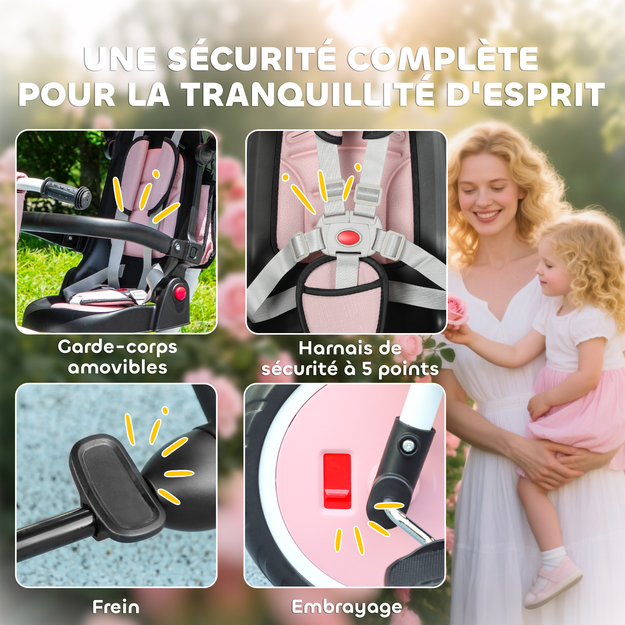Tricycle évolutif pliable réglable 6 en 1 rose
