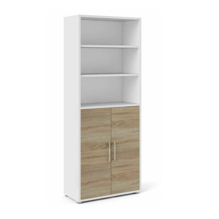 Credenza Valsesia, Buffet da soggiorno, Madia da salotto, Dispensa da cucina, 89x40 h222 cm, Bianco e Quercia