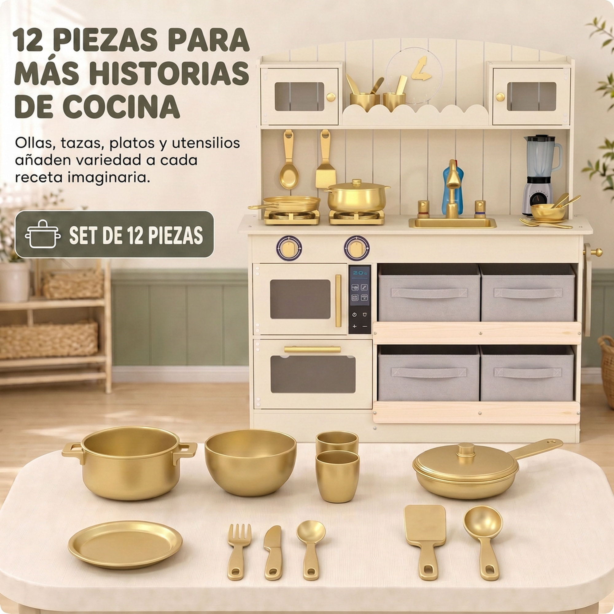 AIYAPLAY Cocina de Juguete de Madera con Luces y Sonidos, Cocinita Infantil con 4 Cestas de Tela, 12 Accesorios, 2 Fogones, Microondas, Fregadero, Grifo, 3-6 Años, Crema