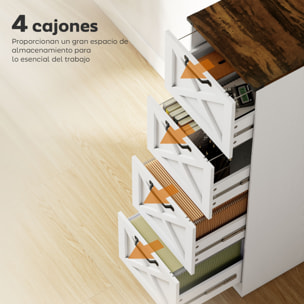 Cajonera Escritorio con 4 Cajones, Cajonera de Oficina, Mueble Archivador, Soporte para Impresora, con Riel Colgante para A4 y Carta, 40x40x131 cm, Blanco