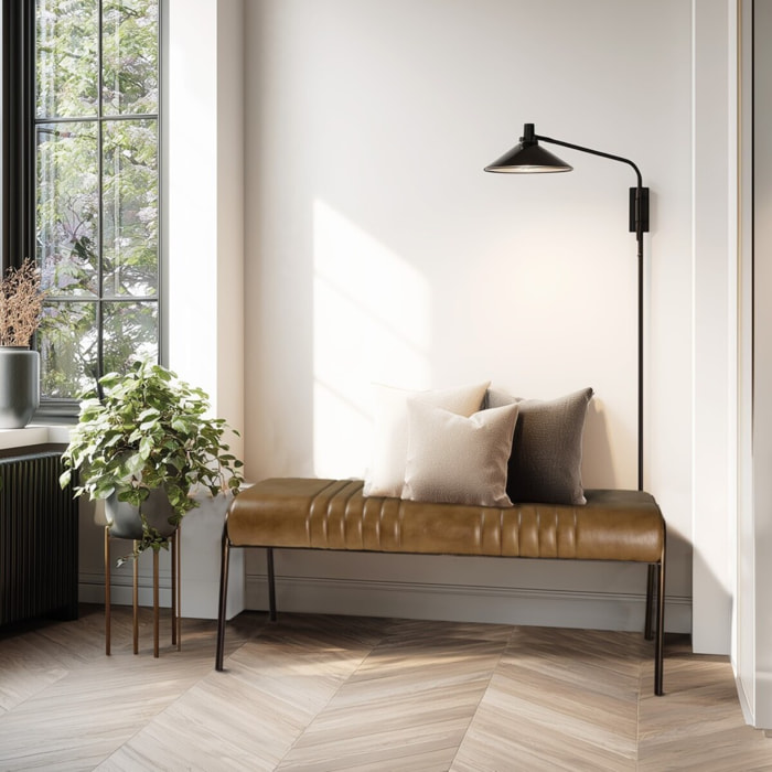 MARCEL - Banc matelassé en cuir marron et pieds acier