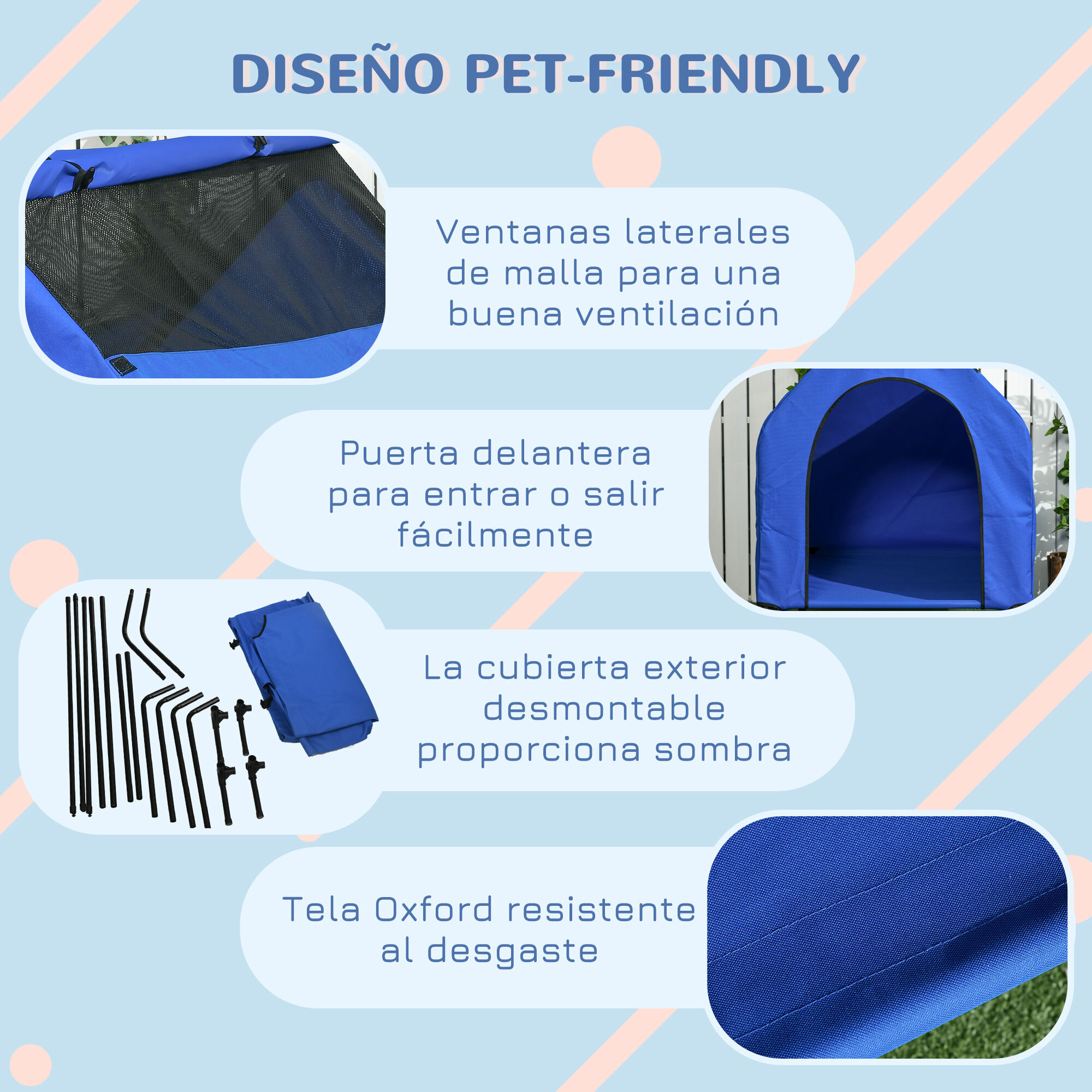 Caseta para Perros 130x85x121 cm Cama Elevada para Mascotas con Cubierta Desmontable y Ventanas de Malla para Perros Grandes y Extra Grandes Azul