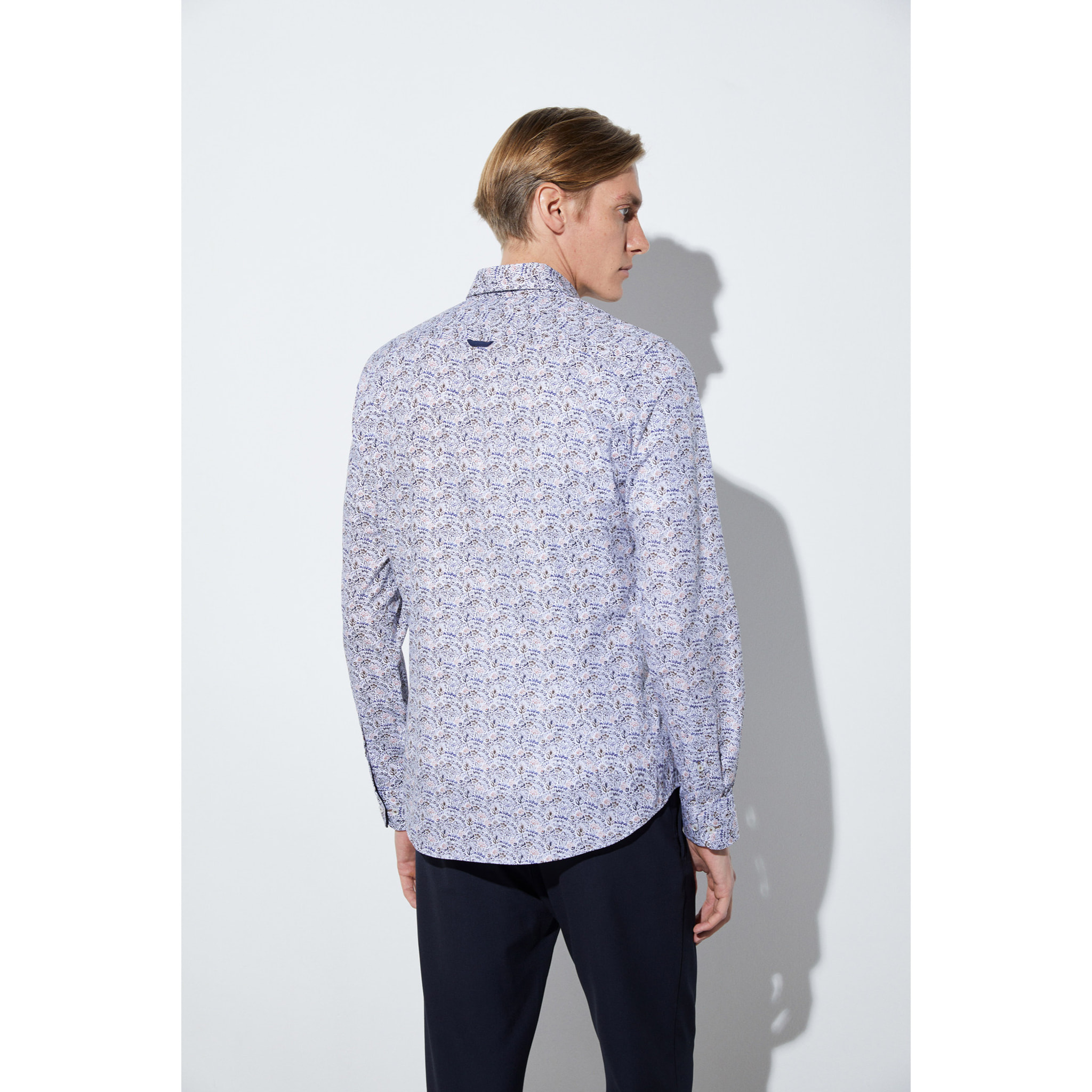 camicia uomo 1 bottone button down slim Popeline Stampato Bianco e Blu