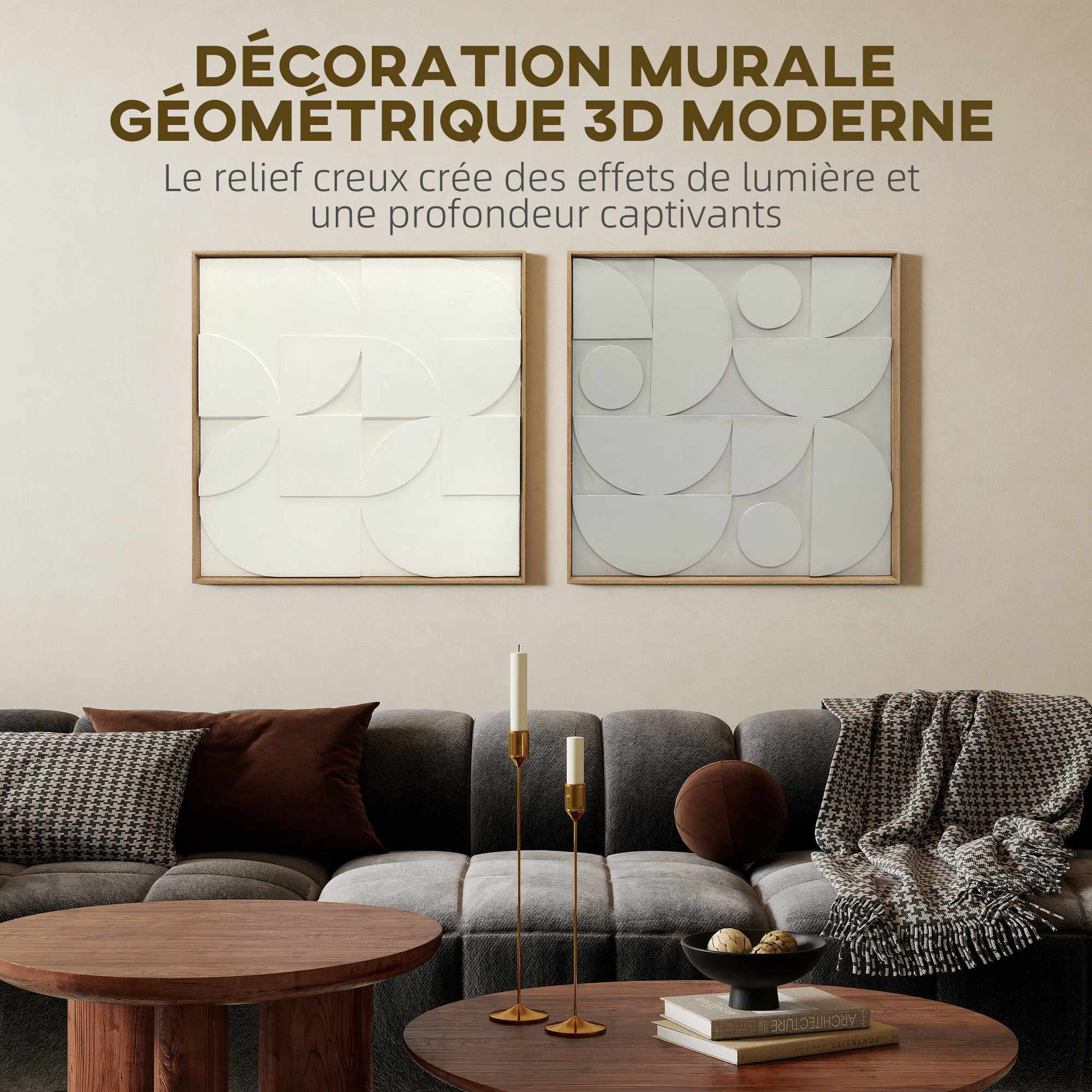 Lot de 2 tableaux murales 3D texturés gris blanc - tableaux décoratifs en relief 80 x 80 cm - cadre effet bois