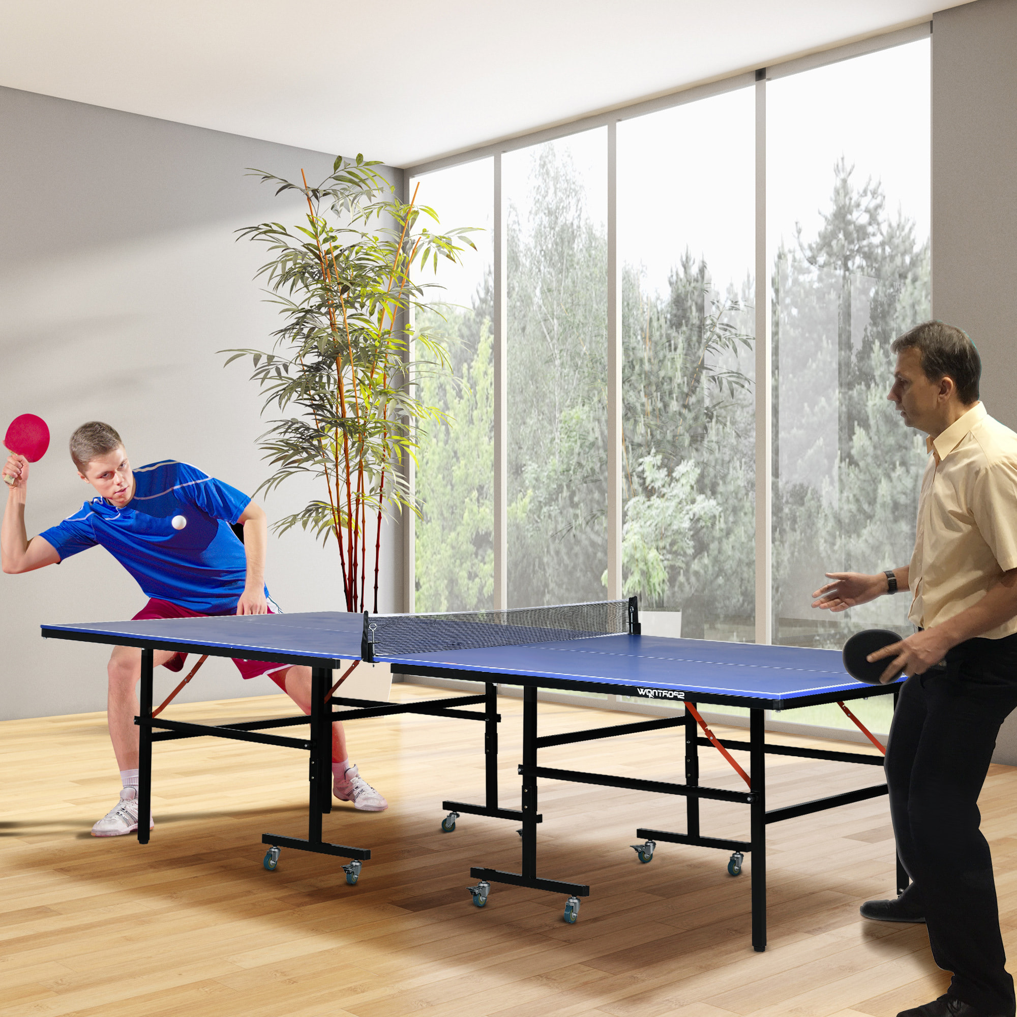 Table de ping pong tennis de table pliable 8 roues - filet, 2 raquettes, 3 balles inclus - noir bleu