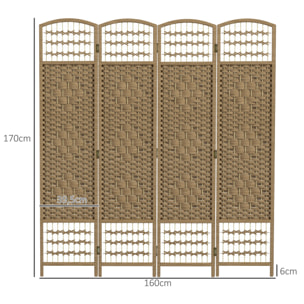 Biombo Separador de Ambientes de 4 Paneles 160x170 cm Divisor de Habitación Plegable de Cuerda de Papel y Marco de Madera Decoración para Dormitorio Salón Natural