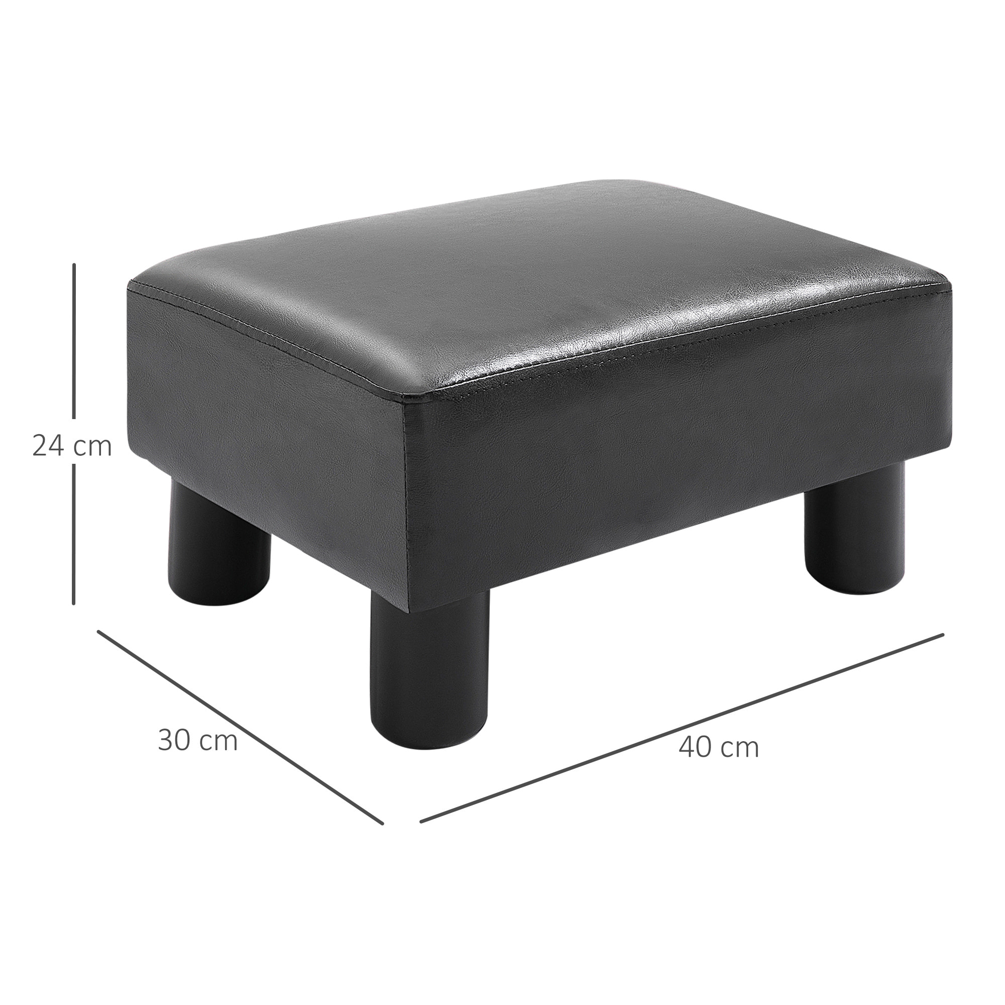 Reposapiés Otomano Taburete Pequeño Tapizado en Piel Sintética con Asiento Acolchado de Espuma y Patas de Plástico para Sofá Dormitorio 40x30x24 cm Negro