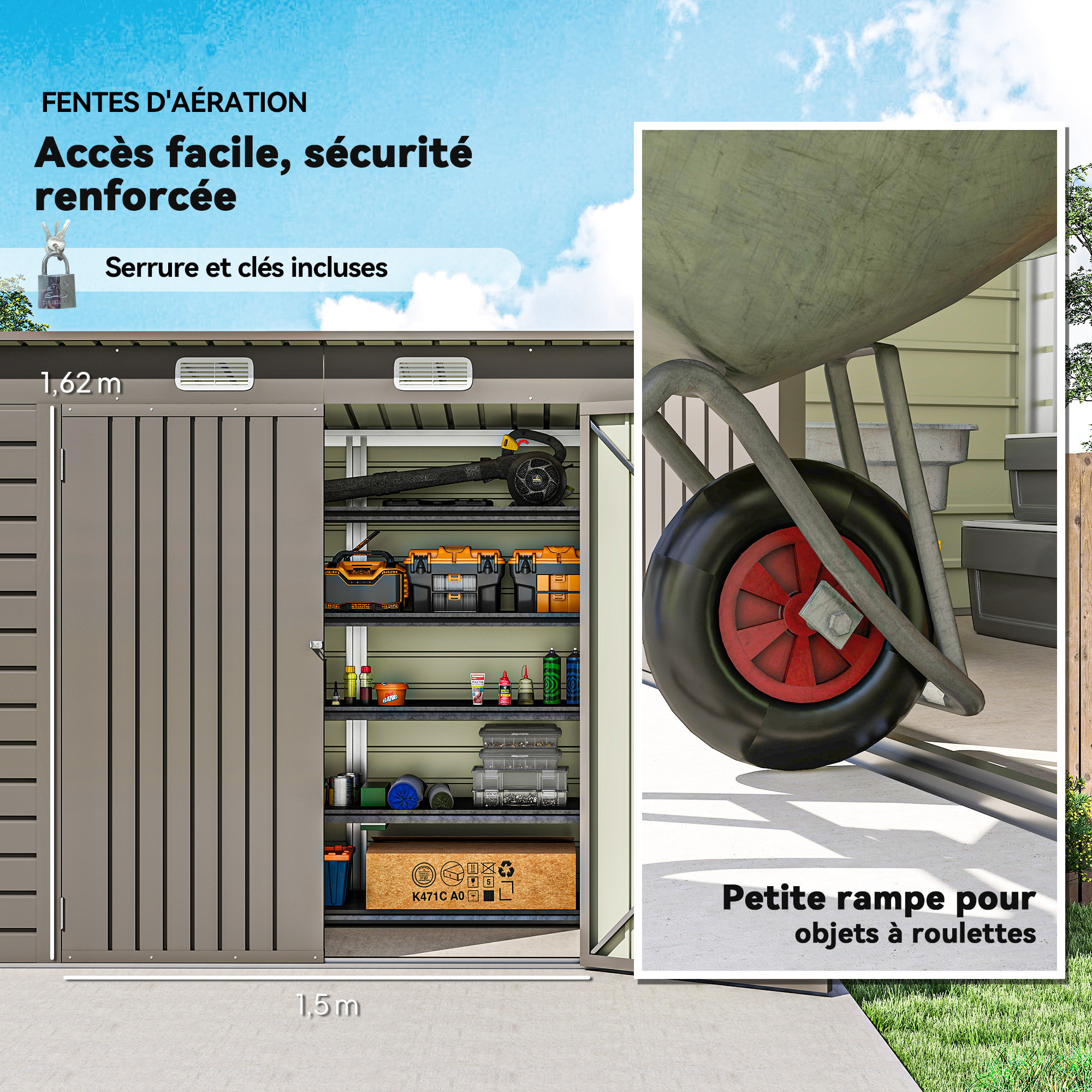 Abri de jardin 3 m² tôle d'acier 2 portes verrouillables 2 évents toit incliné gris clair