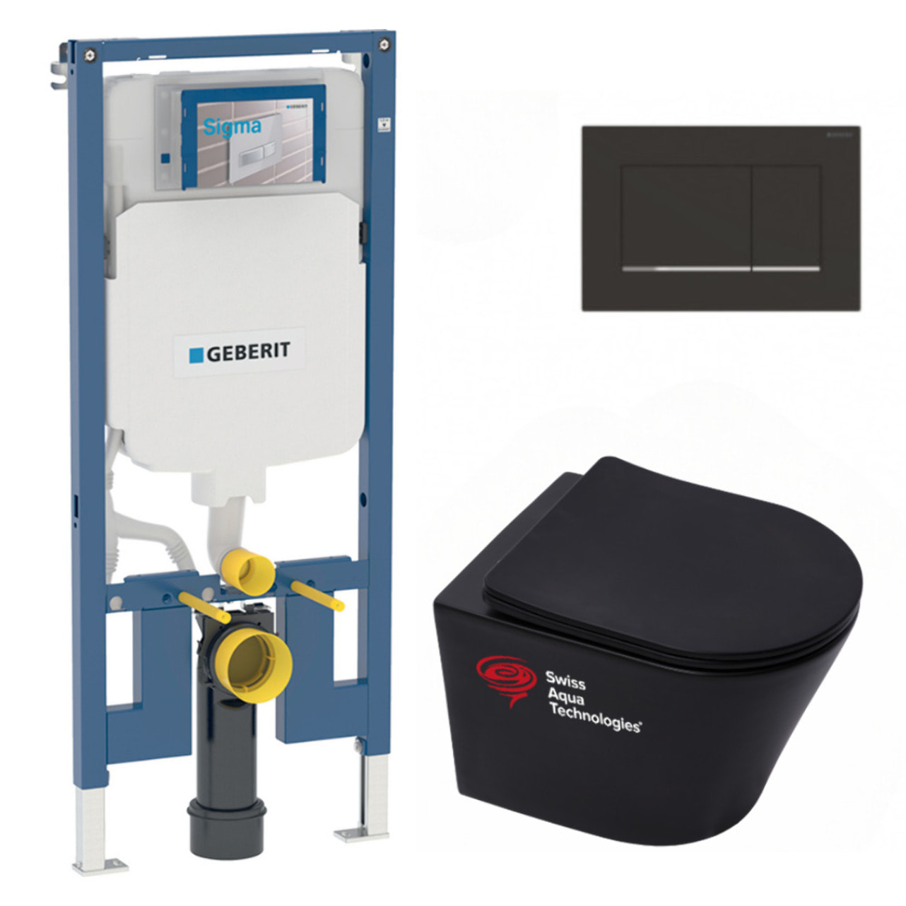 Pack WC Bati-support Geberit + WC suspendu sans bride Swiss Aqua Technologies + Abattant SoftClose + Plaque noire mat/chrome
