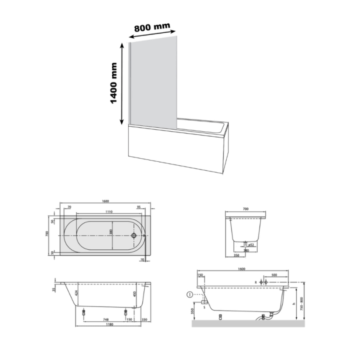 Baignoire droite VILLEROY & BOCH O.Novo 160 x 70 cm Blanc + Pare bain droite AURYS Raywall chromé