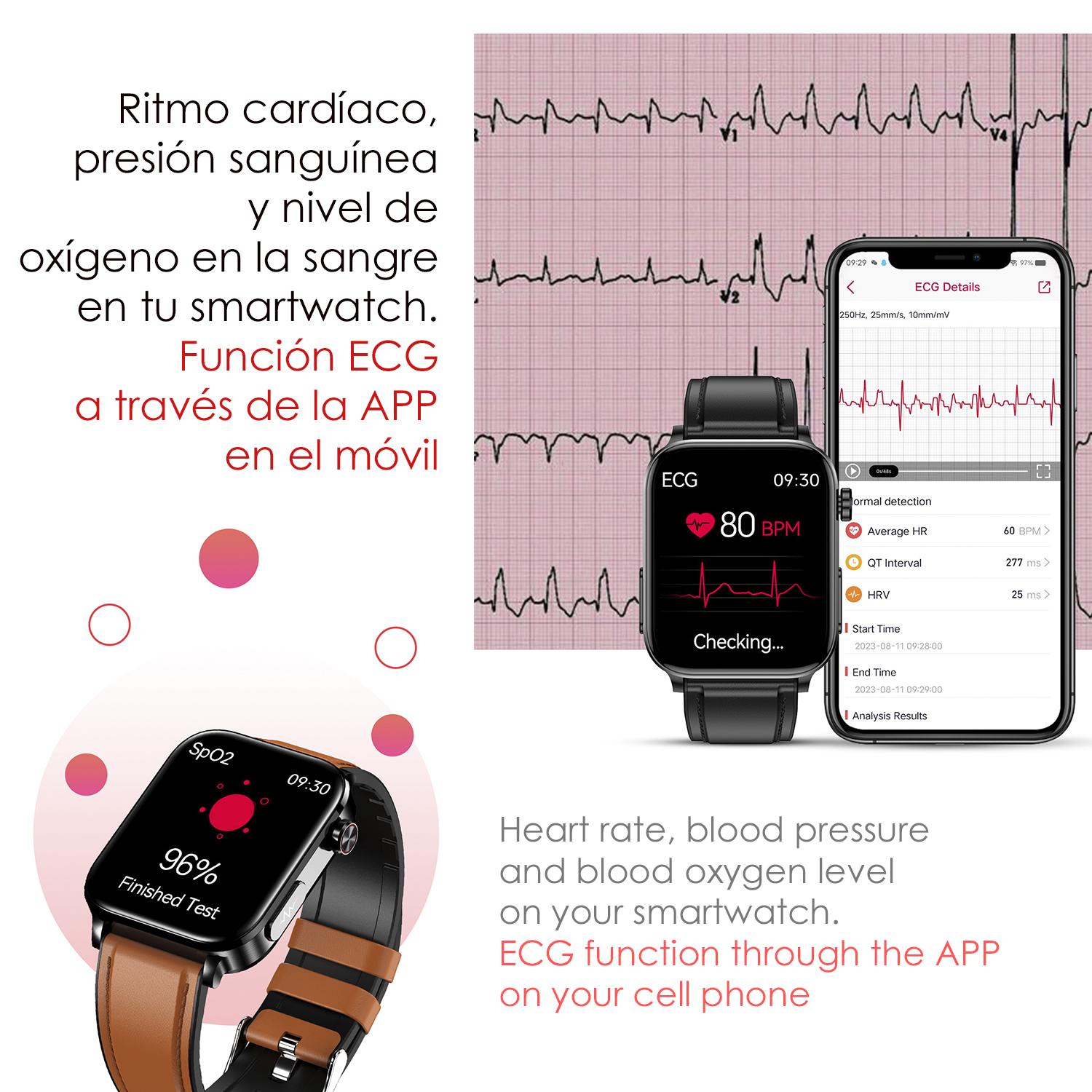 DAM Smartwatch TK15. ECG , glucosa en sangre, ácido úrico y lípidos, IMC grasa corporal, temperatura, O2 y tensión. 5,1x1,2x4,6 Cm. Color: Azul Oscuro